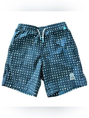 Psycho Bunny Boys Black-White Square-Print Swim Trunks boys size  7/8